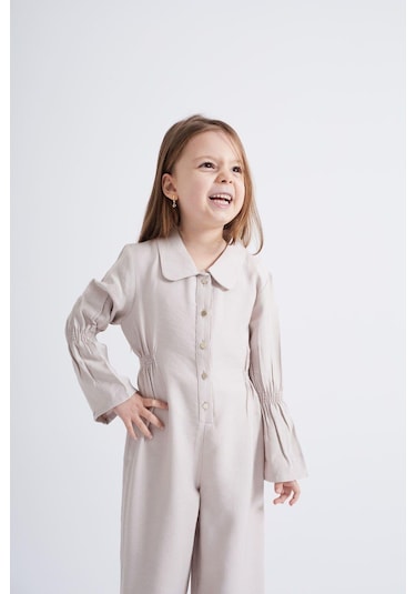 Oliventhekid Bej Lastikli Kız Çocuk Tulum Bej Bej