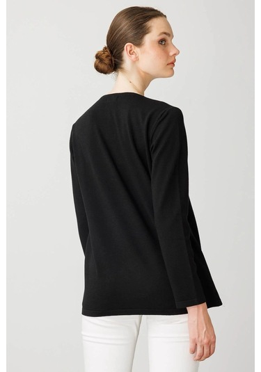 Desen Triko Sıfır Yaka Dantel Çiçek İşlemeli Kadın Bluz 25093 Siyah