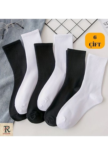 Trampler Düz Tenis Çorap Unisex Kolej Çorap 6'Lı Siyah - Beyaz