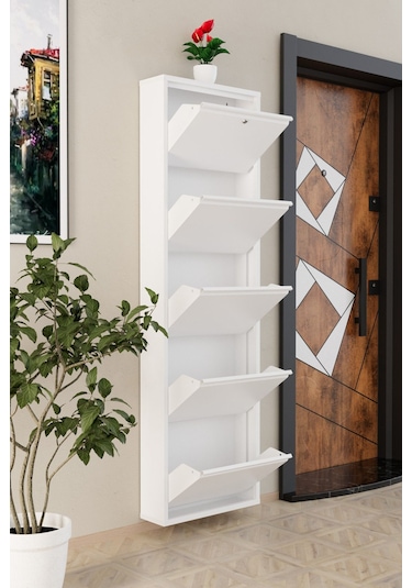 Kilitli 5 Kapaklı Metal Ayakkabılık Beyaz Beyaz