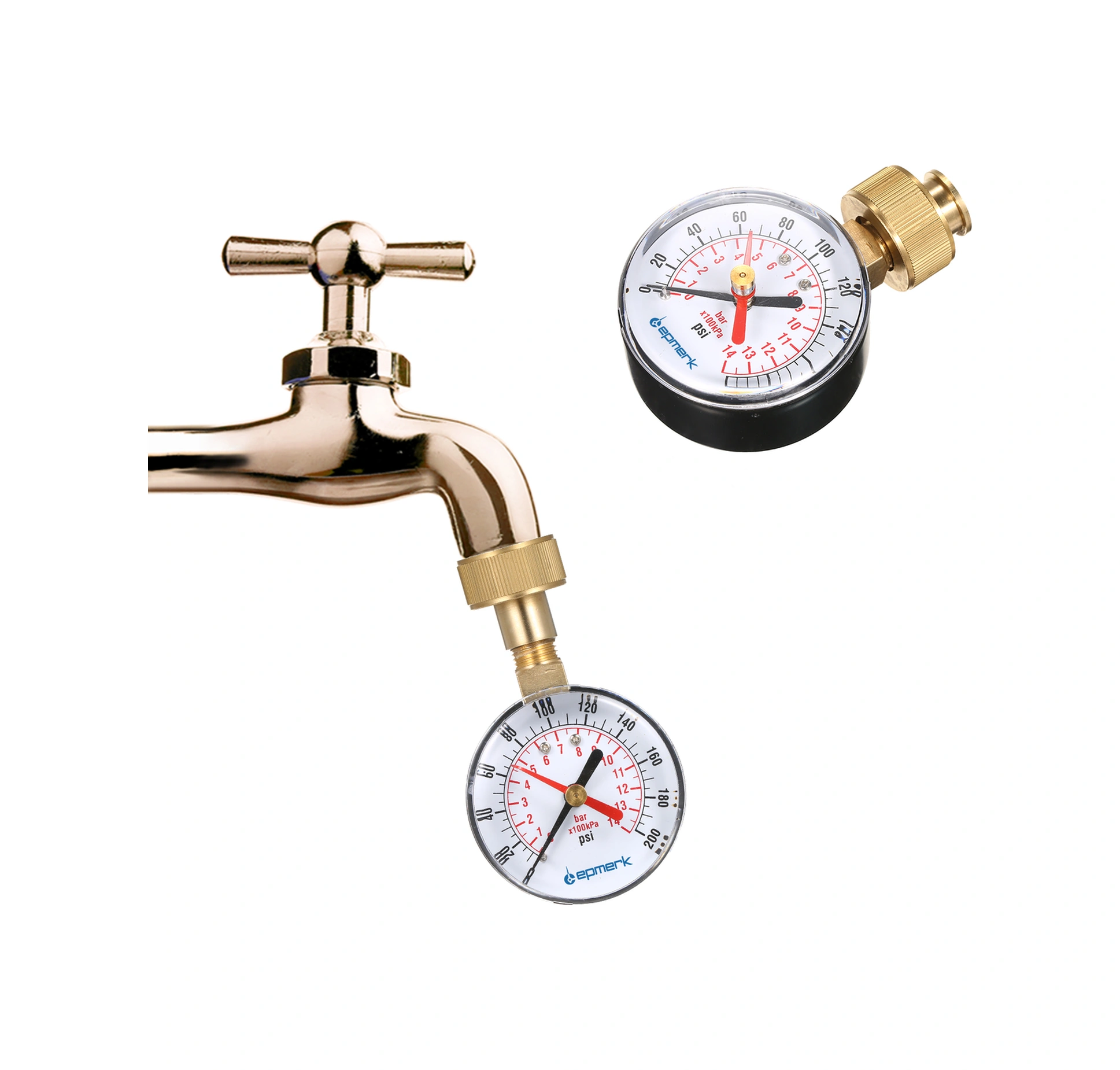 Yuntech01 Su Basıncı Test Cihazı 2-1/2" Manometre 3/4" Dahili Işın 0-200psı Kırmızı Gösterge, Bakır Malzeme, Ev Su Tesisleri Testi