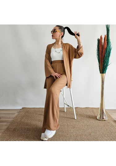 İpli Latte Renk Cep Detaylı Bol Paça Kimono Takım Latte