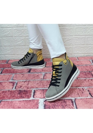 Voyager 8498 Gri-Sarı Hakiki Deri Kaymaz Taban Fermuarlı Bağcıklı