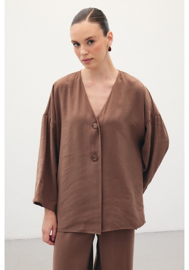 Sateen Düğmeli Kimono - Kahve-136354 Kahve