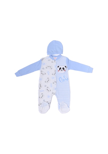Hçm Erkek Bebek Tulum Şapkalı Panda Baskılı Çıtçıtlı D6 mavi