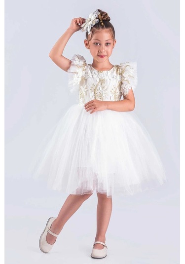Kız Çocuk Elbise Tütü Etek Nakışlı Beyaz