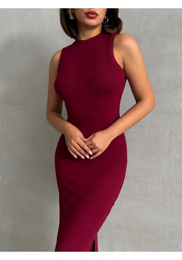 Kadın Yırtmaç Detaylı Kolsuz Soft Touch Esnek Elbise Bordo