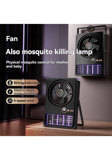 Symbee Siyah Usb 2-in-1 Mosquito Killer Fan: Duvar/desktop Montajlı, 5 Hızlı Fan, Led Ekranlı, 2000v Moskito Öldürücü Işık