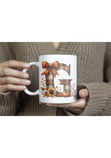 G Harfi Ekose Ve Sonbahar Temalı Kupa Bardak - Kişiye Özel Sıcak Tonlar Alfabe Kupa - Hediye Beyaz