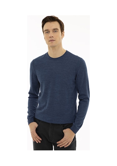 Cacharel İndigo Slim Fit Bisiklet Yaka Basic Triko Kazak Mavi