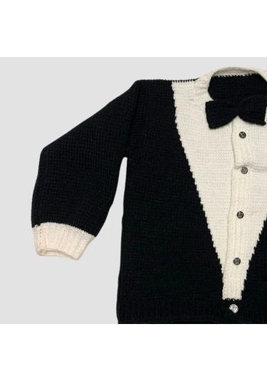 Uretti - Tuğba 9352 - El Örgüsü Erkek Çocuk Papyonlu Smokin Hırka - 7 Yaş Siyah