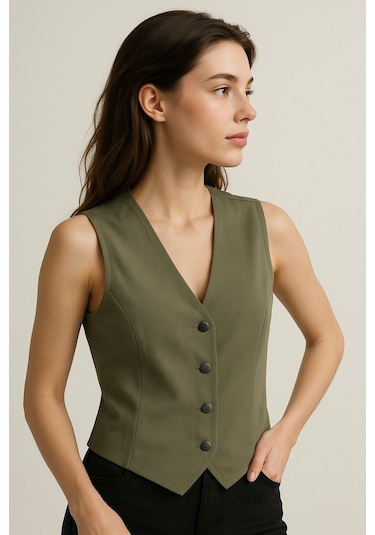 Kadın Keten Yelek Düğmeli, Astarsız, V Yaka Yazlık Şık Yelek Doğal Kumaş Rahat Kalıp Çok Renkli