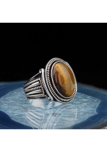 925 Ayar Gümüş Kaplan Gözü Taşlı Erkek Yüzük (547519355)