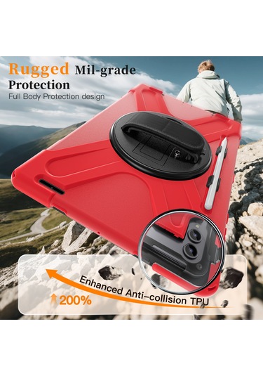 Samsung Galaxy Tab S11 Ultra Kickstand Kılıf Tpu Pc Silikon Tablet Kılıfı Ve Omuz Askısı - Kırmızı Tablet Kılıfı