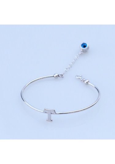 Nazar Boncuklu T Harfi Gümüş Bileklik Gümüş
