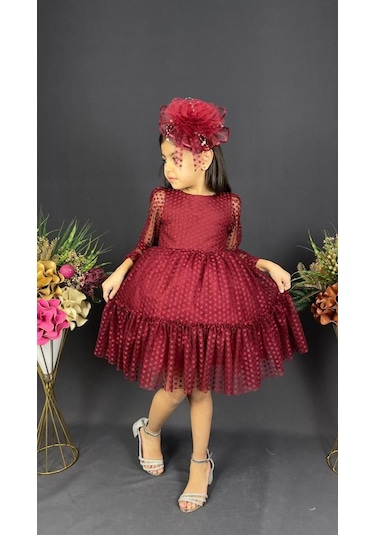 Mnk Baby & Kids Katkat Prenses Dantel Tokalı Kız Çocuk Elbise Bordo