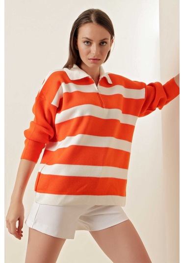 Gabria Fermuarlı Çizgili Kazak Oranj