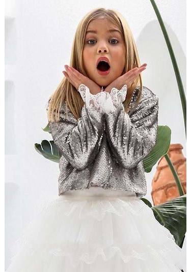 Riccotarz Kız Çocuk Kat Kat Tüllü Etek Ve Pulpayet Kaplamalı Gümüş Ceket Etekli Takım 001