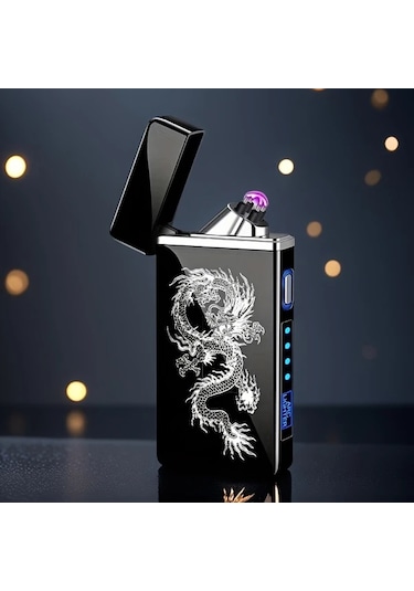 Willowhaven Siyah Kaplan Desenli Rüzggeçirmez Usb Şarjlı Plazma Çakmak El Feneri Siyah