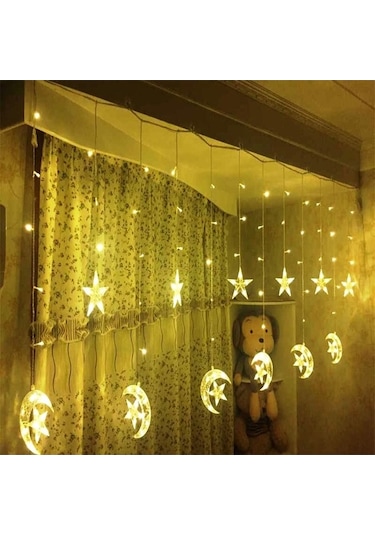 Fastbuy Ramazan Dekorasyonu Led Ay Yıldız Salkımlı Perde, Güneş Işığı Işıltısı Gün Işığı