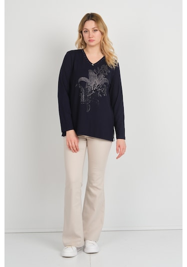 Detay Triko Kadın Önü Taş Süslemeli Yakası Boncuk Detaylı Uzun Kol Anne Bluz 5747 Lacivert Lacivert