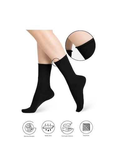 Bambu Kadın Lastiksiz Siyah Soket Dikişsiz Çorap / İz Bırakmaz Siyah