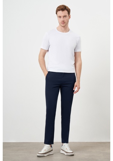 Morven Erkek Lacivert Yazlık Pileli Slim Fit Chino Pantolon Lacivert