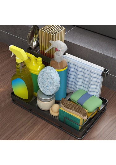 Moveevo Banyo Mutfak Sulama Kuyusu Organizerı: Çelik Rustsuz Su Biriktirici Tabla, Fırça-sünger Bezi Saklama Rafları, Ayrıntılı Bölmeli Usable Tasarım Siyah