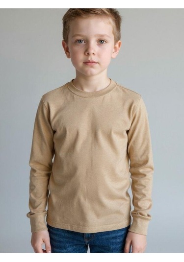 Zekids Erkek Çocuk Pamuklu Uzun Kol Basic T-shirt-16713 Bej
