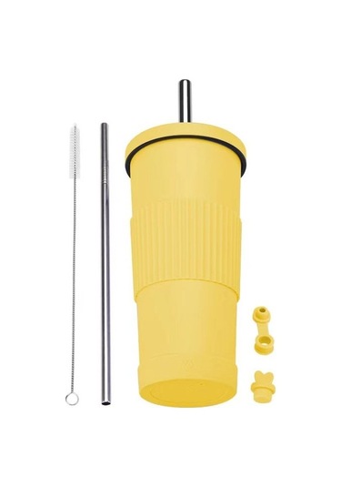 Dilele Paslanmaz Çelik Inci Süt Çay Bardağı, Pipet Yalıtım Bardağı, Dl068, 710ml Kapasite Sarı Sarı