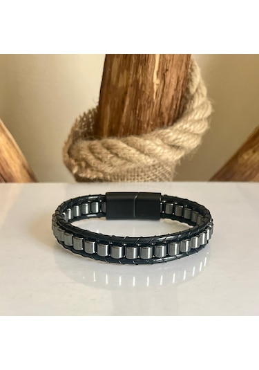 %100 Deri&hematit Kombinli Erkek Bileklik Boyut Net 21cm Füme