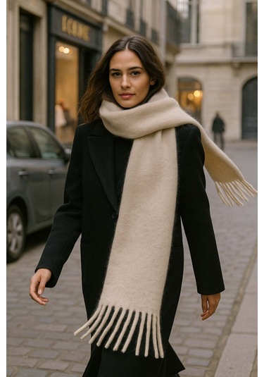 Kadın Püskül Detay Atkı Omuz Şalı 40x200 Cm 1295 Bej Bej