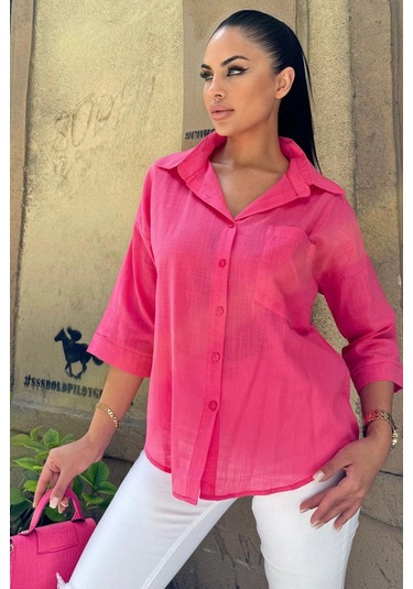 Kadın Fuşya Truvakar Kol, Oval Kesim, Terletmez, Flamlı Keten Salaş Gömlek Fuşya