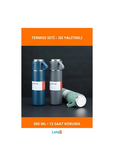 Paslanmaz Çelik 500ml Termos Ve 3 Adet Bardaklı Set Çok Renkli