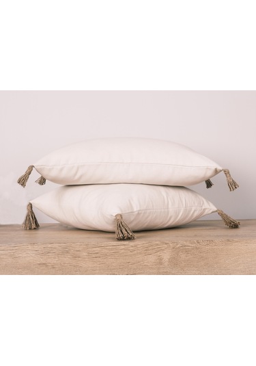 3'lü Hasır Püsküllü Naturel Keten Karışımlı Kırlent Kılıfı Krem-2638 Açık Krem