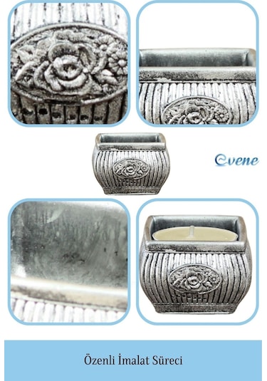 Eskitme Mumluk Şamdan Tealight Mum Uyumlu Mini Çizgili Çiçekli Model - Gümüş Eskitme