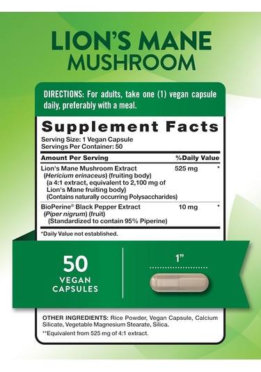 Nature's Truth, Lion's Mane Aslan Yelesi Mantarı Mushroom Plus Bioperine , 2100 Mg, 50 Capsules Aromasız