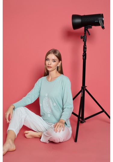 Kadın Penye Sıfır Yaka Uzun Kollu Pijama Takımı SU YEŞİLİ