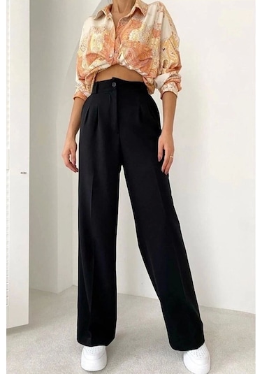 Nevege Butik Kadın Siyah Yüksek Bel Pileli Palazzo Pantolon Siyah2 Siyah