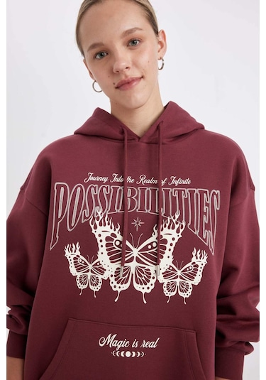 Defacto Oversize Geniş Kalıp Kapüşonlu Baskılı Kalın Sweatshirt C7816ax24wnbr237 Bordo