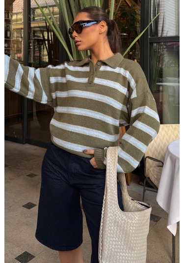 Haki Polo Yaka Çizgili Kadın Triko Kazak Mg2469 Haki