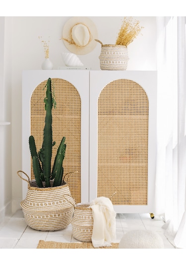 Desenli Large Boy Katlanabilir Hasır Sepet / Saksılık 35x32cm