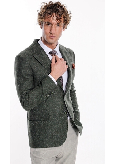 Kazayağı Desenli Yün Yeşil Erkek Ceket Taba