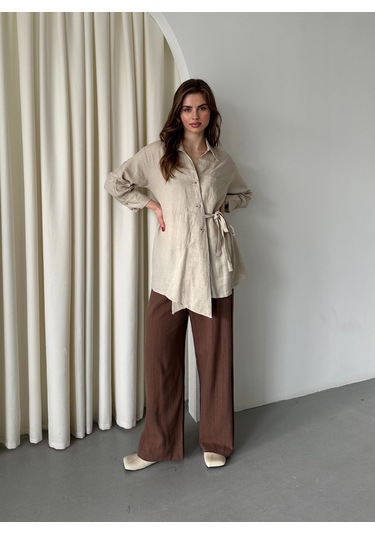 Natural %100 Pamuk Çapraz Düğmeli Beli Kemerli Gömlek Natürel