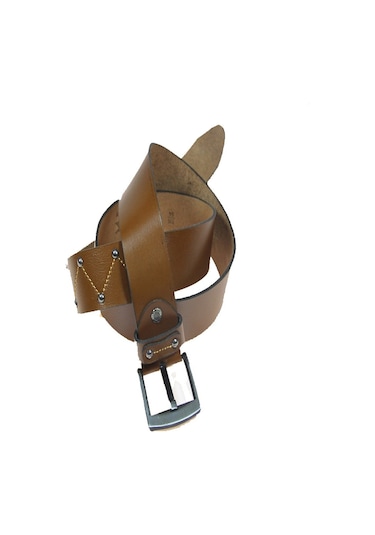 Hakiki Deri Erkek Metal Detaylı Dikişli Kot Kemeri 4,5 Cm Taba