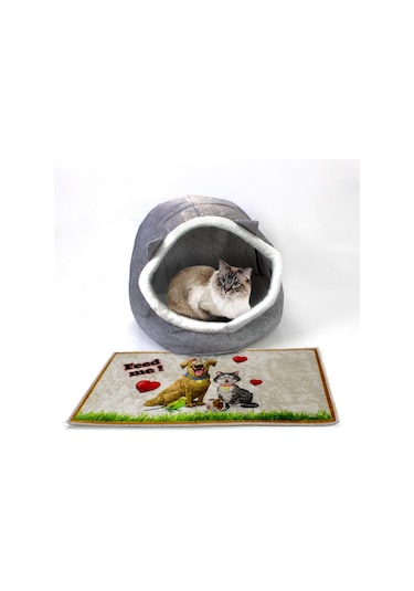 Alas Keçe Kedi Ve Köpek Evi Yatağı Gri Paspas Hediyeli