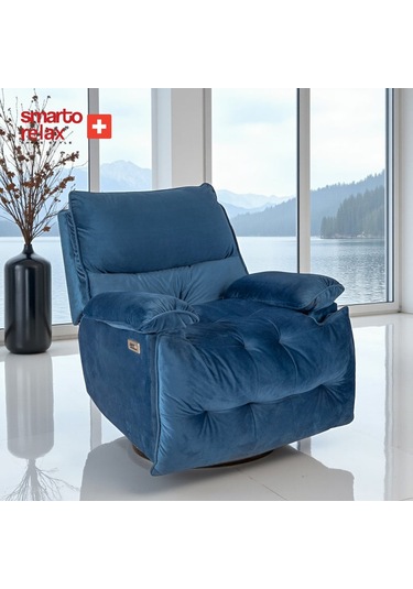 Smarto Relax Tv Koltuğu Akat Elektrikli Sırt Dayanağı Kontrol Panelli Ergonomik Kadife Polyester Mavi Dekoratif Baba Koltuğu Mavi