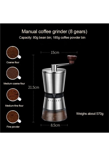 Jialan Manuel Kahve Değirmeni Seramik Çapaklar İle 2-3 Bardak Gümüş