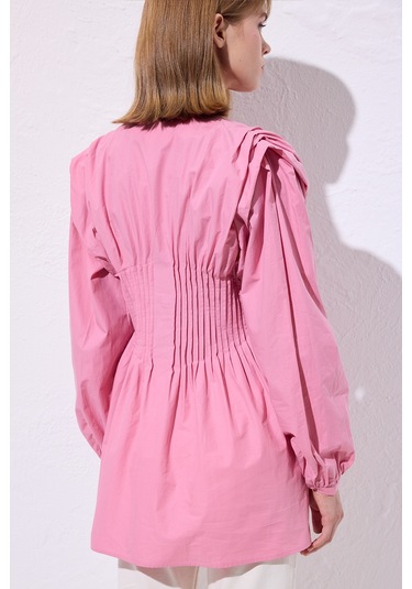 Beli Pile Detaylı Uzun Kol Bluz Pembe Pembe
