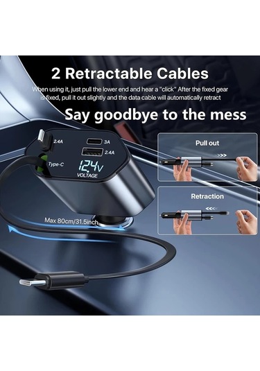 Oldfriend Gri 4'ü 1 Arada Araç Şarj Cihazı 80cm Usb Type-c Hızlı Şarj 180 Dönebilir